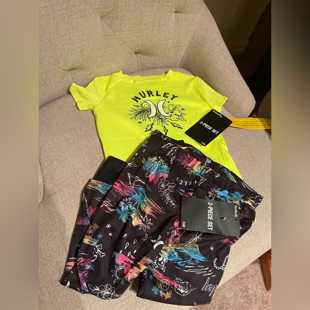 Hurley Bright Yellow Tee and Black boys pajama pants set size 24 months NEW